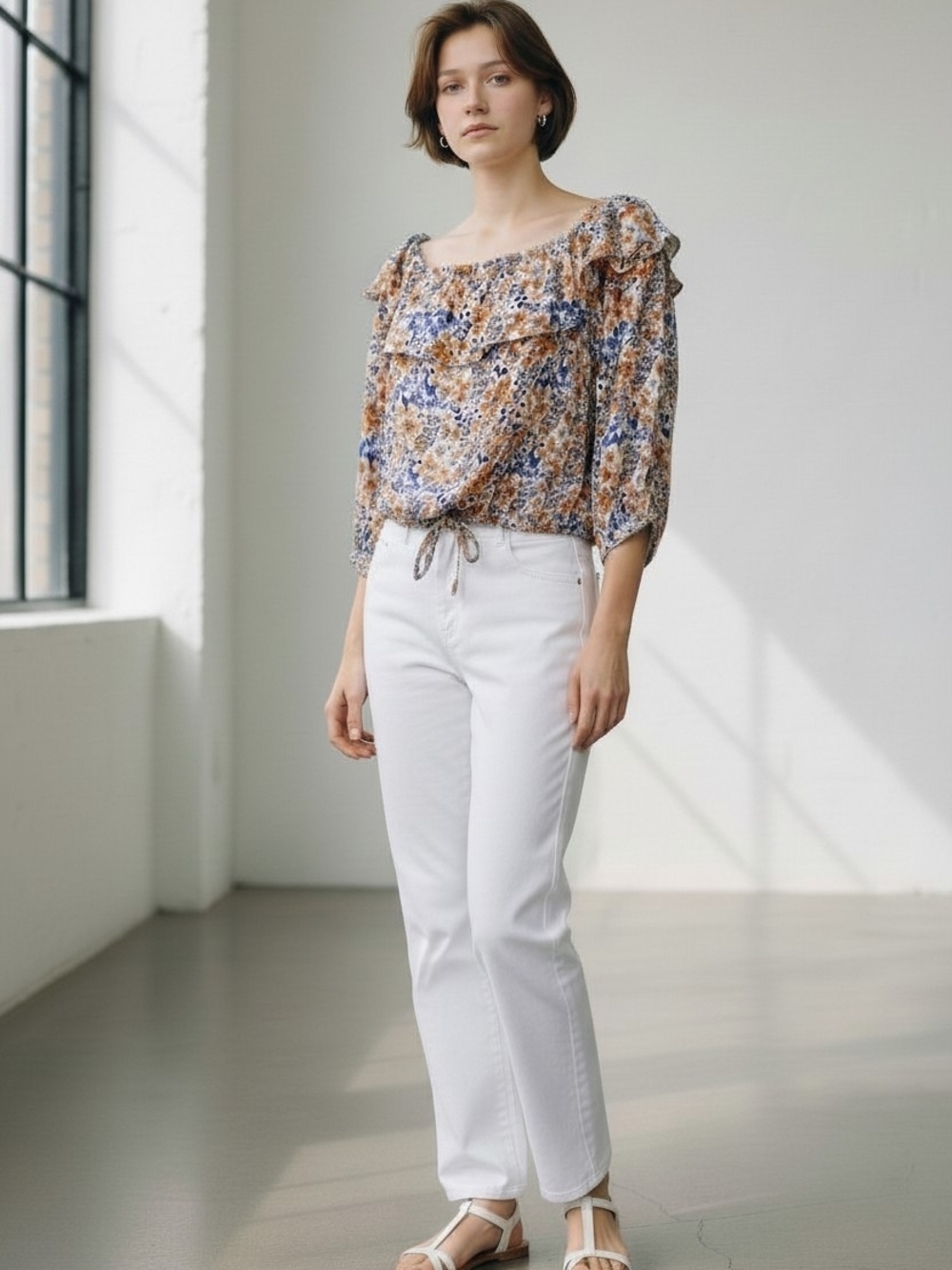 Adrienne Vittadini Floral Ruffle‎ Drawstring Blouse in Blue and Tan Boho Peasant